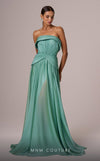 MNM Couture E0082 chiffon gown in blue, mint, and beige with train, corset, and peplum waistline. | Couture Shop LA