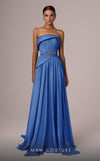 MNM Couture E0082 chiffon gown in blue, mint, and beige with train, corset, and peplum waistline.