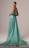 MNM Couture E0082 chiffon gown in blue, mint, and beige with train, corset, and peplum waistline. | Couture Shop LA