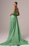 MNM Couture E0082 chiffon gown in blue, mint, and beige with train, corset, and peplum waistline. | Couture Shop LA