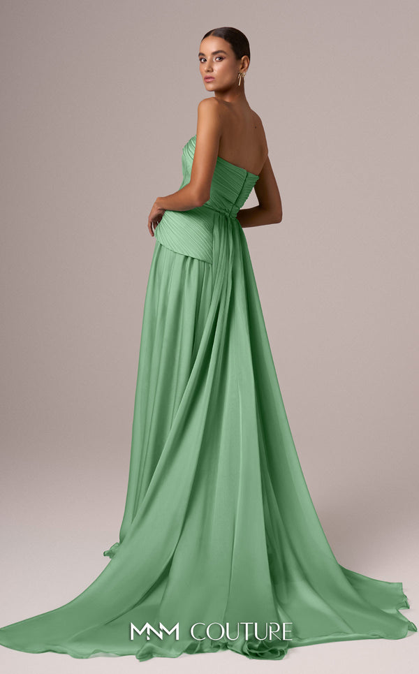 MNM Couture E0082 chiffon gown in blue, mint, and beige with train, corset, and peplum waistline. | Couture Shop LA