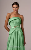 MNM Couture E0082 chiffon gown in blue, mint, and beige with train, corset, and peplum waistline. | Couture Shop LA