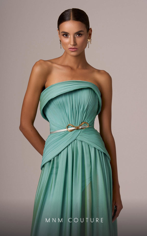 MNM Couture E0082 chiffon gown in blue, mint, and beige with train, corset, and peplum waistline. | Couture Shop LA