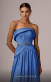 MNM Couture E0082 chiffon gown in blue, mint, and beige with train, corset, and peplum waistline.