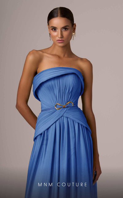 MNM Couture E0082 chiffon gown in blue, mint, and beige with train, corset, and peplum waistline. | Couture Shop LA