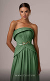 MNM Couture E0082 chiffon gown in blue, mint, and beige with train, corset, and peplum waistline. | Couture Shop LA