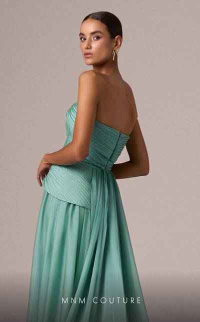 MNM Couture E0082 chiffon gown in blue, mint, and beige with train, corset, and peplum waistline. | Couture Shop LA