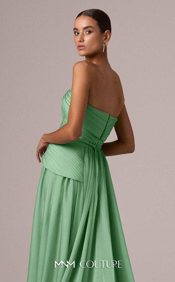MNM Couture E0082 chiffon gown in blue, mint, and beige with train, corset, and peplum waistline. | Couture Shop LA