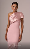 MNM Couture E0083 pink fit and flare gown with silk details and single short sleeve | Couture Shop LA