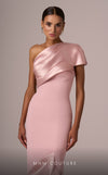 MNM Couture E0083 pink fit and flare gown with silk details and single short sleeve | Couture Shop LA
