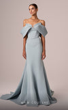 MNM Couture E0085 green mint peach fit and flare gown with colorful oversized off-shoulder sleeves and flowing train | Couture Shop LA
