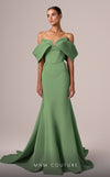 MNM Couture E0085 green mint peach fit and flare gown with colorful oversized off-shoulder sleeves and flowing train | Couture Shop LA