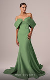 MNM Couture E0085 green mint peach fit and flare gown with colorful oversized off-shoulder sleeves and flowing train | Couture Shop LA