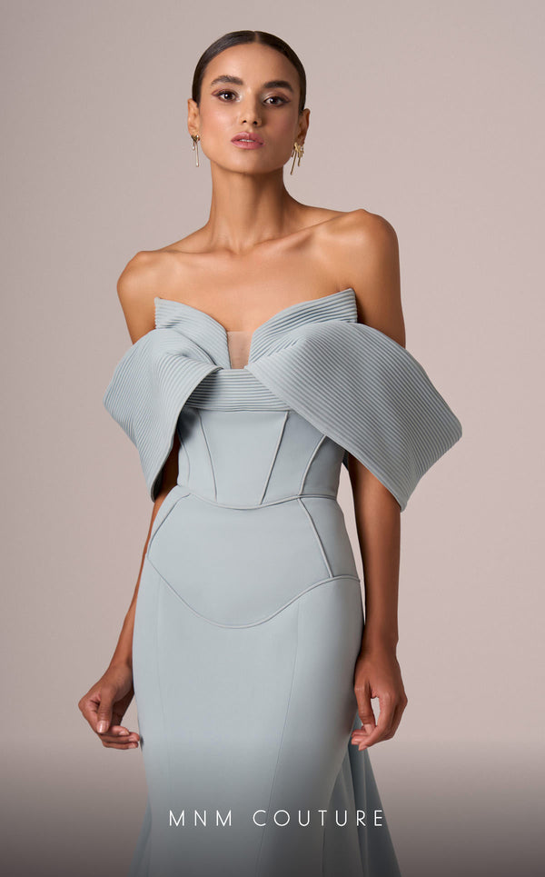 MNM Couture E0085 green mint peach fit and flare gown with colorful oversized off-shoulder sleeves and flowing train | Couture Shop LA