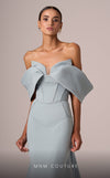 MNM Couture E0085 green mint peach fit and flare gown with colorful oversized off-shoulder sleeves and flowing train | Couture Shop LA
