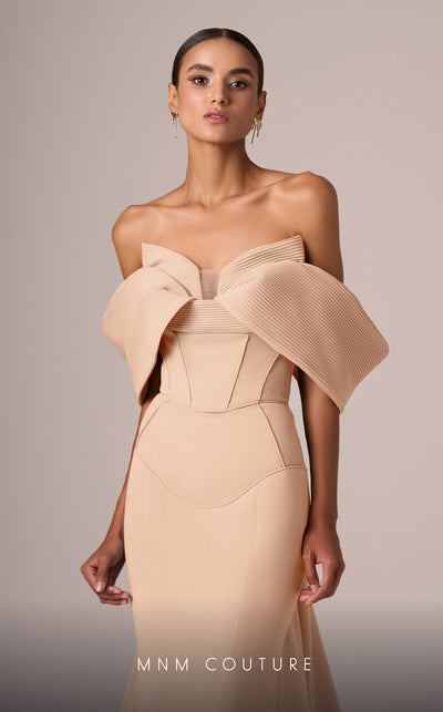 MNM Couture E0085 green mint peach fit and flare gown with colorful oversized off-shoulder sleeves and flowing train | Couture Shop LA