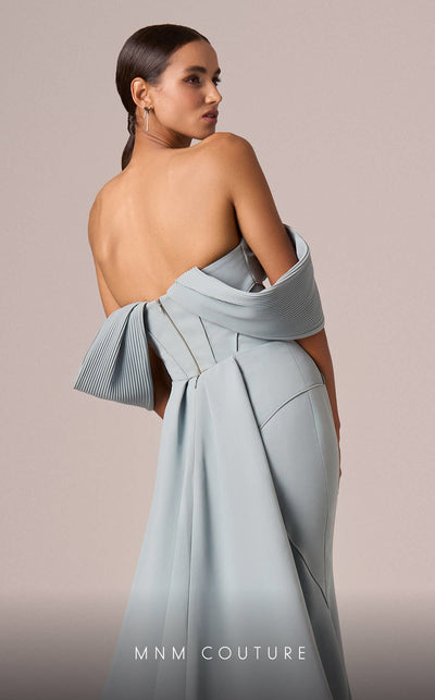 MNM Couture E0085 green mint peach fit and flare gown with colorful oversized off-shoulder sleeves and flowing train | Couture Shop LA