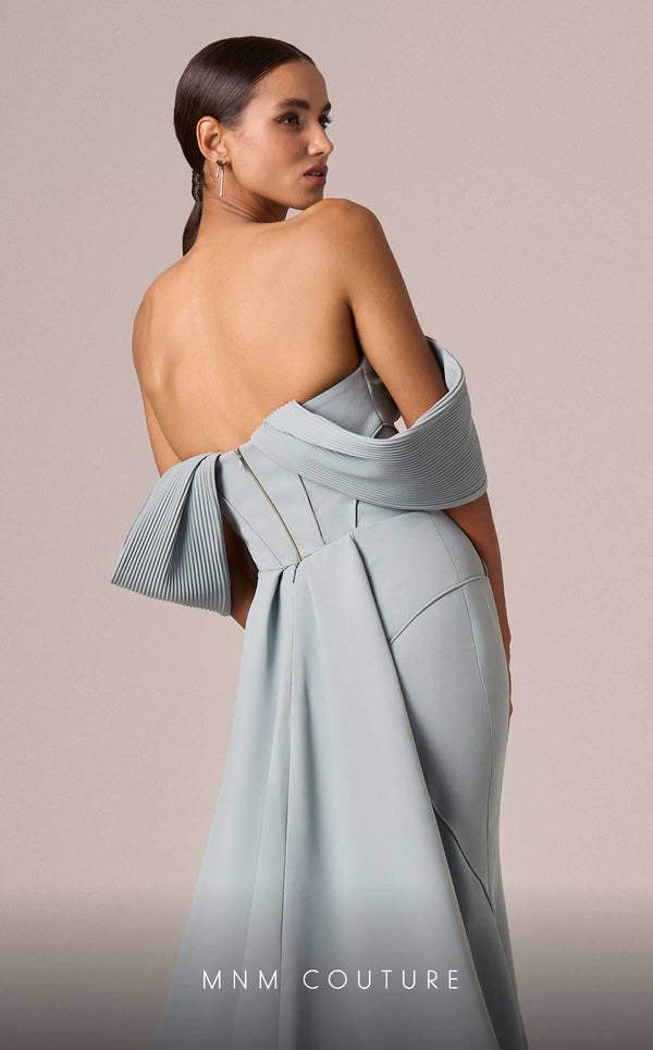 MNM Couture E0085 green mint peach fit and flare gown with colorful oversized off-shoulder sleeves and flowing train | Couture Shop LA