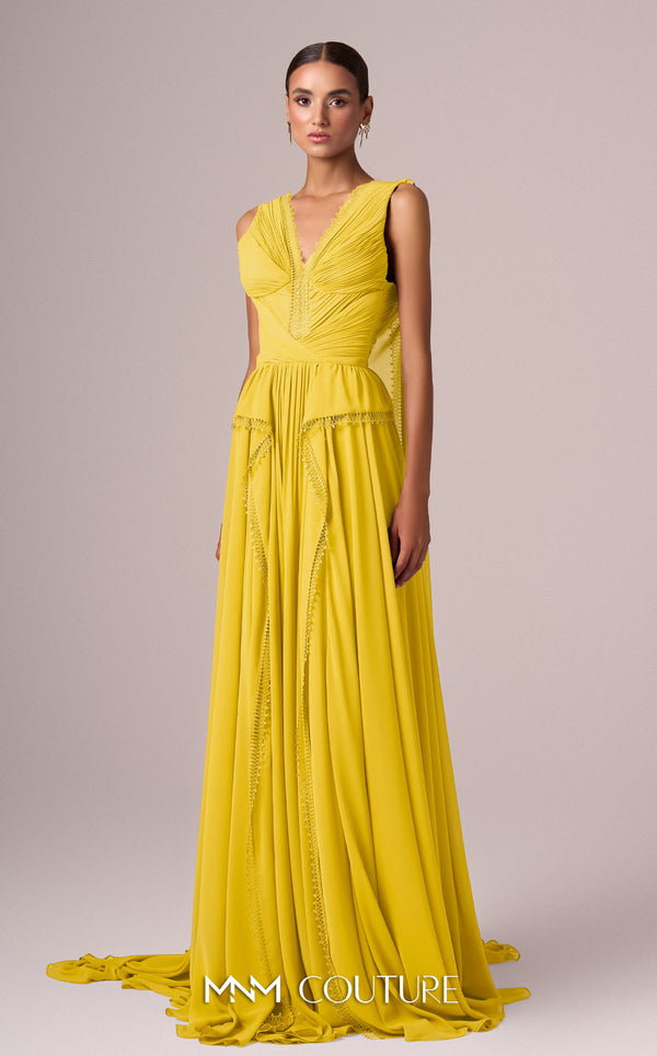 MNM Couture Style E0086 showcasing a flared silk gown with a V-neckline, sleeveless design, pleated bust, and long capes falling from the shoulders to create a train. | Couture Shop LA