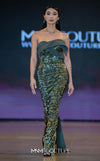 MNM Couture E0087 embroidered column gown with asymmetric neckline and long cape | Couture Shop LA