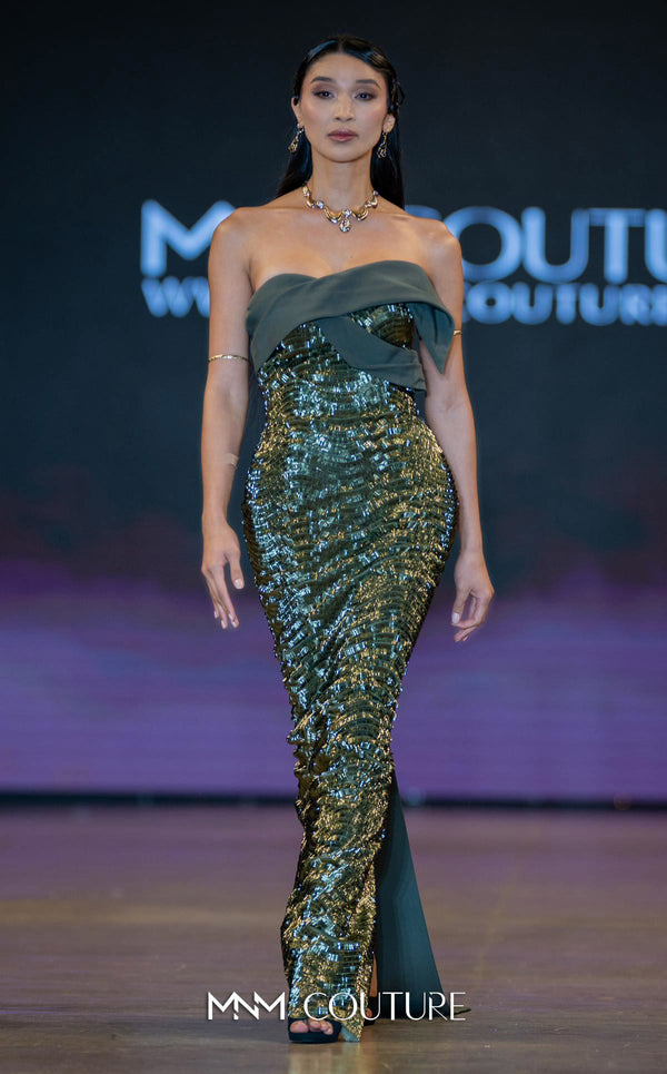 MNM Couture E0087 embroidered column gown with asymmetric neckline and long cape | Couture Shop LA