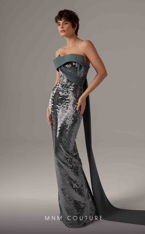 MNM Couture E0087 embroidered column gown with asymmetric neckline and long cape | Couture Shop LA