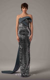 MNM Couture E0087 embroidered column gown with asymmetric neckline and long cape | Couture Shop LA