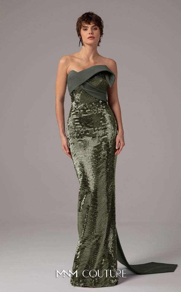 MNM Couture E0087 embroidered column gown with asymmetric neckline and long cape | Couture Shop LA