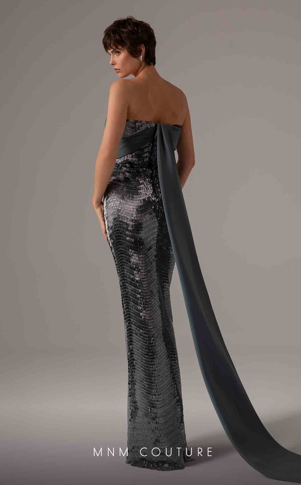 MNM Couture E0087 embroidered column gown with asymmetric neckline and long cape | Couture Shop LA