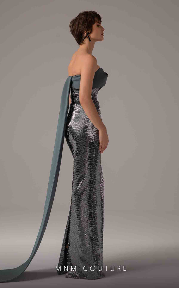 MNM Couture E0087 embroidered column gown with asymmetric neckline and long cape | Couture Shop LA