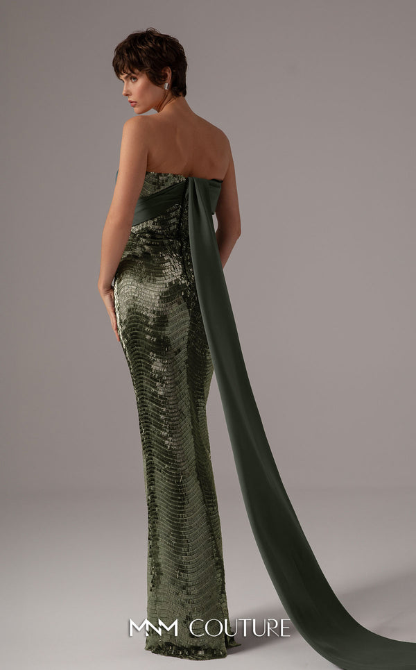 MNM Couture E0087 embroidered column gown with asymmetric neckline and long cape | Couture Shop LA