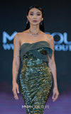 MNM Couture E0087 embroidered column gown with asymmetric neckline and long cape | Couture Shop LA