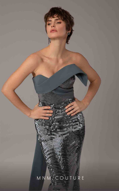 MNM Couture E0087 embroidered column gown with asymmetric neckline and long cape | Couture Shop LA