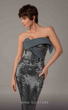 MNM Couture E0087 embroidered column gown with asymmetric neckline and long cape | Couture Shop LA