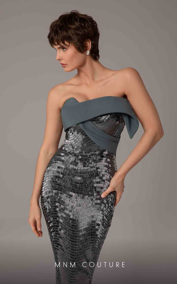 MNM Couture E0087 embroidered column gown with asymmetric neckline and long cape | Couture Shop LA
