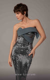 MNM Couture E0087 embroidered column gown with asymmetric neckline and long cape | Couture Shop LA