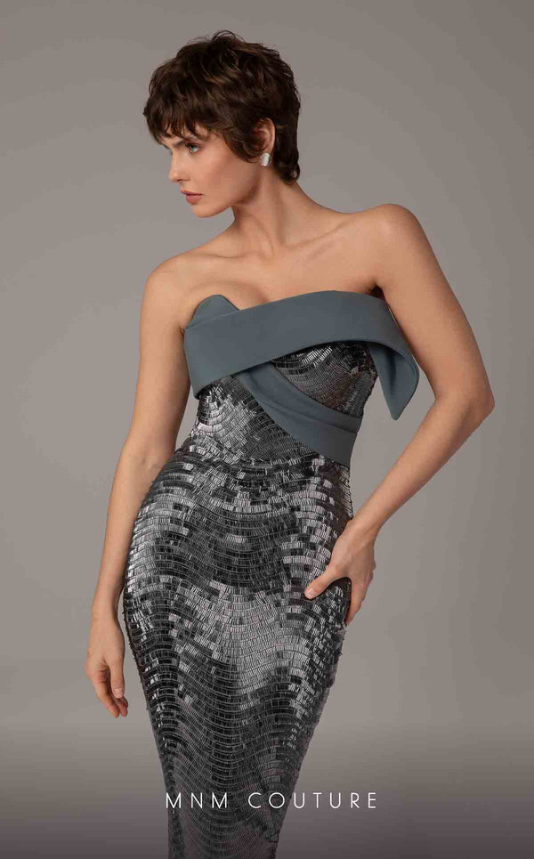 MNM Couture E0087 embroidered column gown with asymmetric neckline and long cape | Couture Shop LA