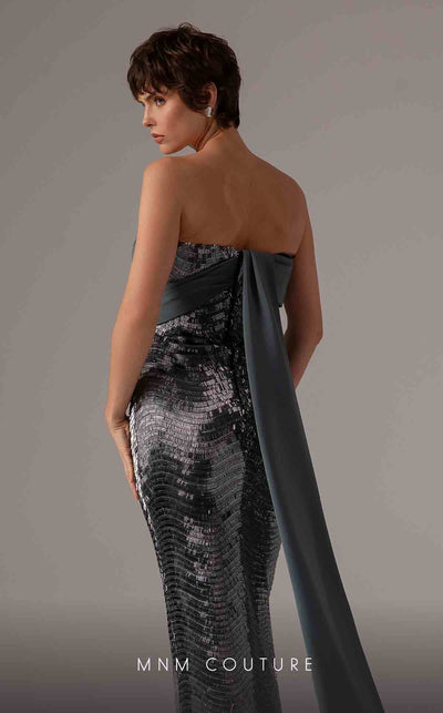 MNM Couture E0087 embroidered column gown with asymmetric neckline and long cape | Couture Shop LA
