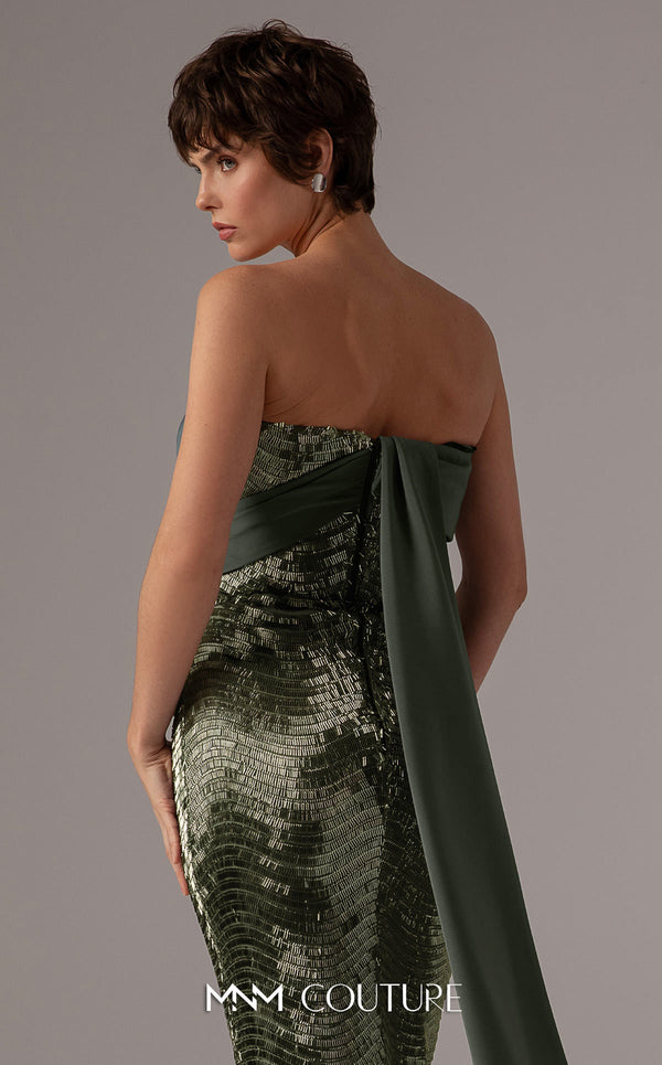 MNM Couture E0087 embroidered column gown with asymmetric neckline and long cape | Couture Shop LA