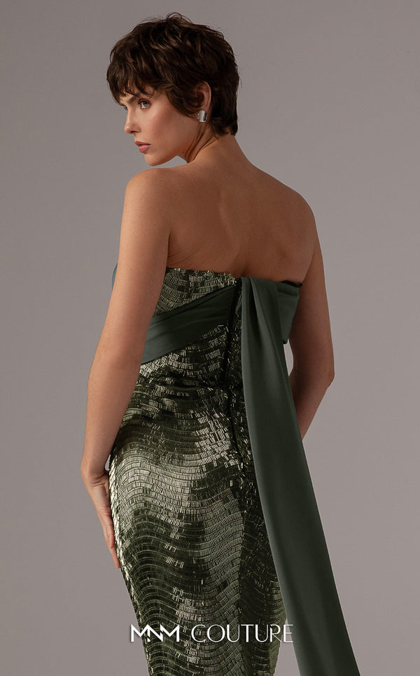 MNM Couture E0087 embroidered column gown with asymmetric neckline and long cape | Couture Shop LA