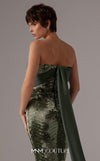 MNM Couture E0087 embroidered column gown with asymmetric neckline and long cape | Couture Shop LA
