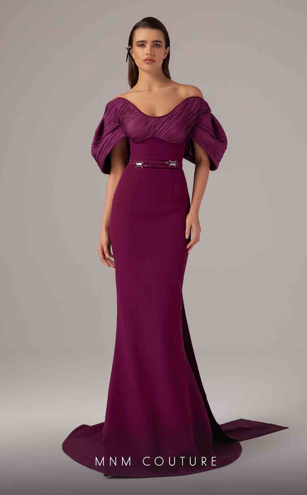 MNM Couture E0088 fitted rayon crepe gown with organza cape and scoop neckline | Couture Shop LA