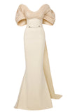MNM Couture E0088 fitted rayon crepe gown with organza cape and scoop neckline | Couture Shop LA