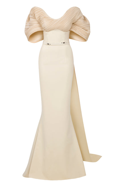MNM Couture E0088 fitted rayon crepe gown with organza cape and scoop neckline | Couture Shop LA