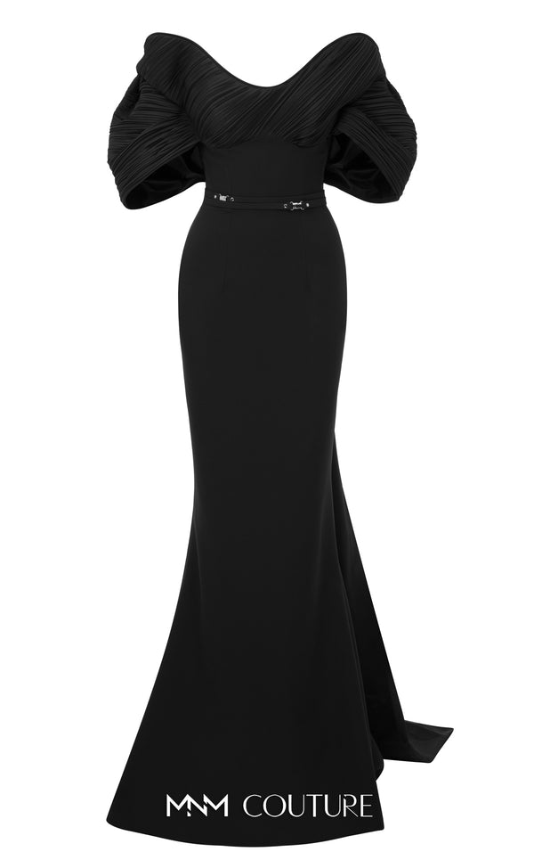 MNM Couture E0088 fitted rayon crepe gown with organza cape and scoop neckline | Couture Shop LA