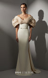 MNM Couture E0088 fitted rayon crepe gown with organza cape and scoop neckline | Couture Shop LA