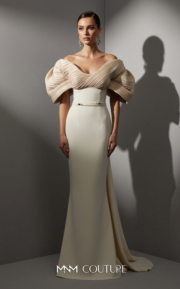 MNM Couture E0088 fitted rayon crepe gown with organza cape and scoop neckline | Couture Shop LA