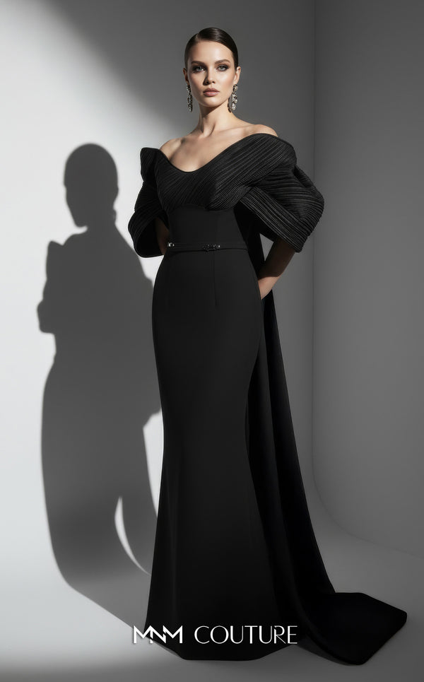 MNM Couture E0088 fitted rayon crepe gown with organza cape and scoop neckline | Couture Shop LA