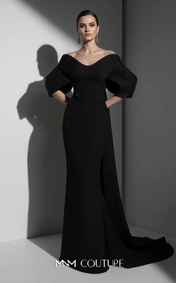 MNM Couture E0088 fitted rayon crepe gown with organza cape and scoop neckline | Couture Shop LA