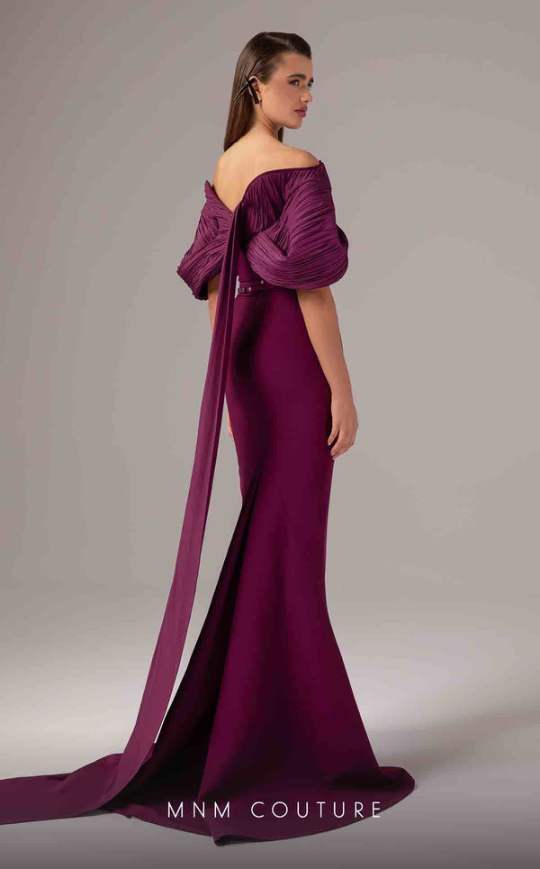 MNM Couture E0088 fitted rayon crepe gown with organza cape and scoop neckline | Couture Shop LA